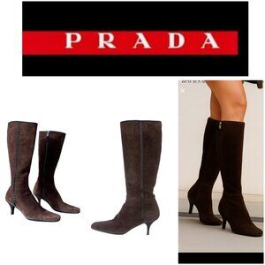 PRADA BROWN SUEDE HEELED BOOTS - EU 38.5/US 8